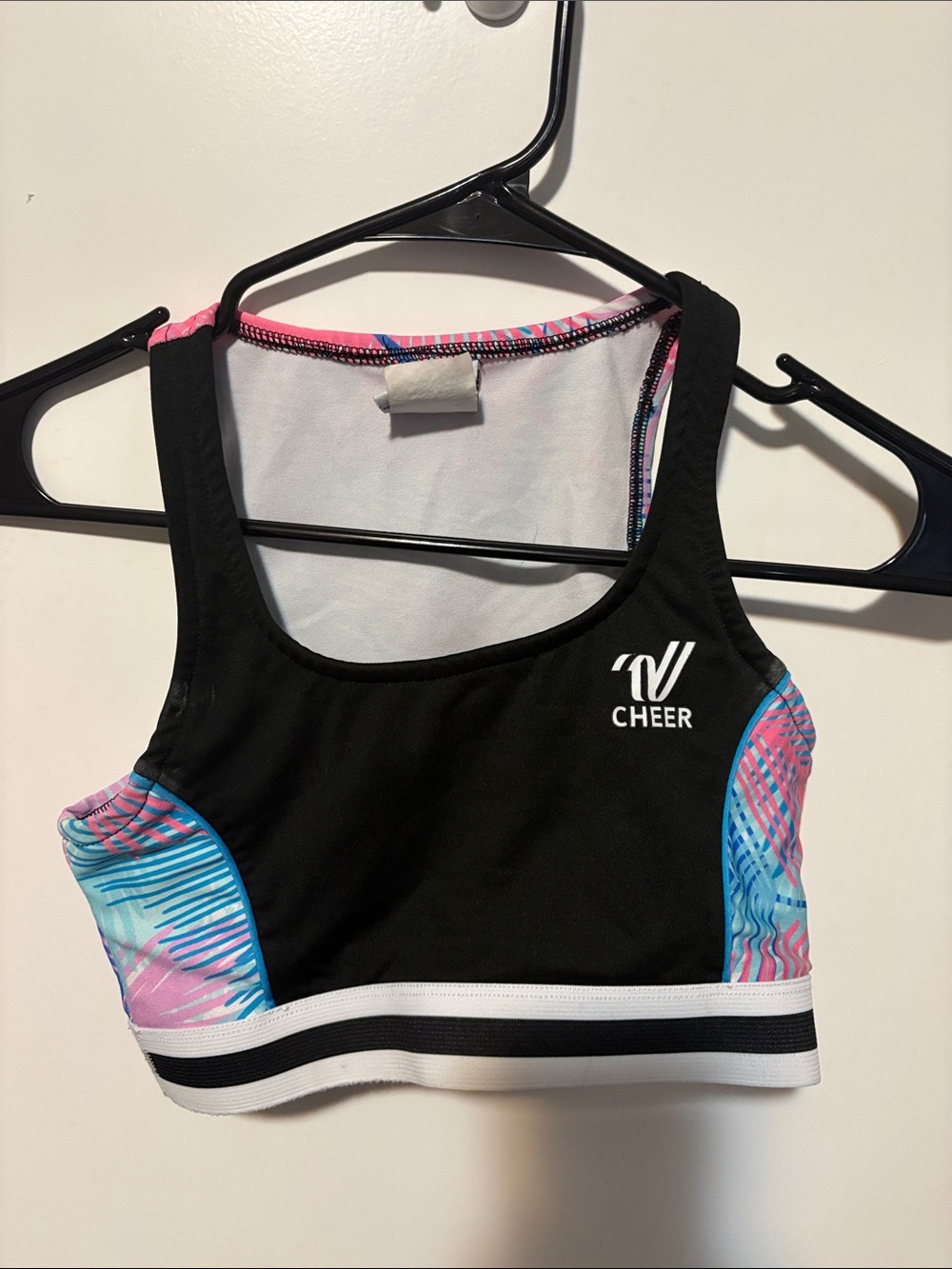 Varsity Black Sports Bra with Pink & Blue Accents